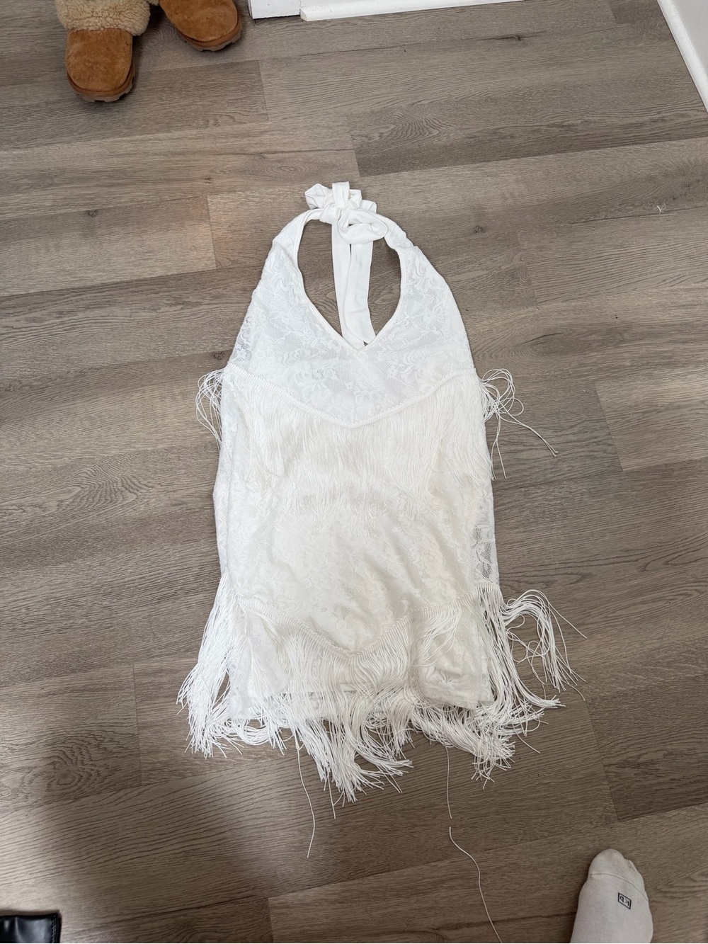 White Fringe Halter Dress - Elegant Party Dress - Picture 2 of 2